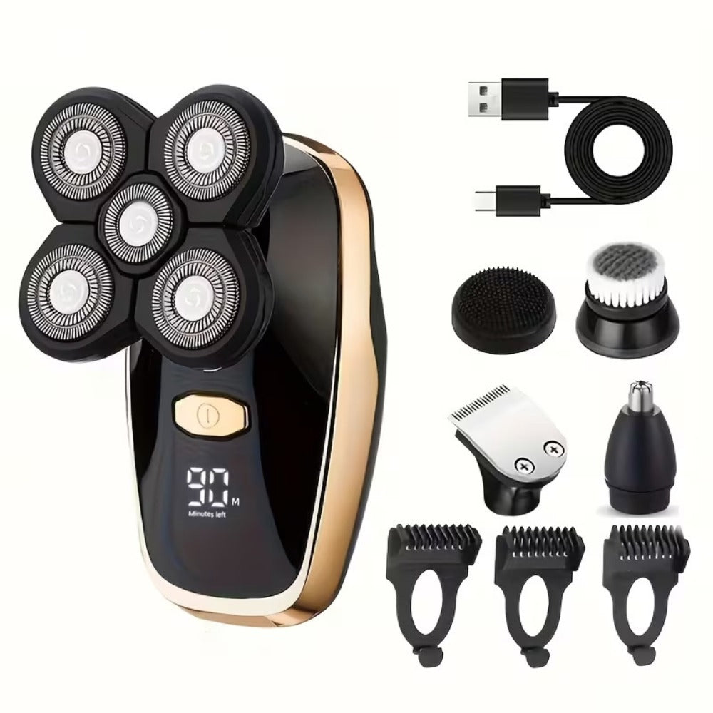 Electric Shaver 5-in-1 Grooming Kit with Nose Trimmer, Hair Clipper, Facial Brush, USB Charging and Display