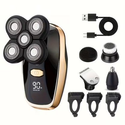 Electric Shaver 5-in-1 Grooming Kit with Nose Trimmer, Hair Clipper, Facial Brush, USB Charging and Display