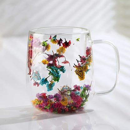Double-Wall Glass Coffee Cup Set, Four-Piece Floral and Petal Design Mugs with Clear Handles for Tea and Lattes