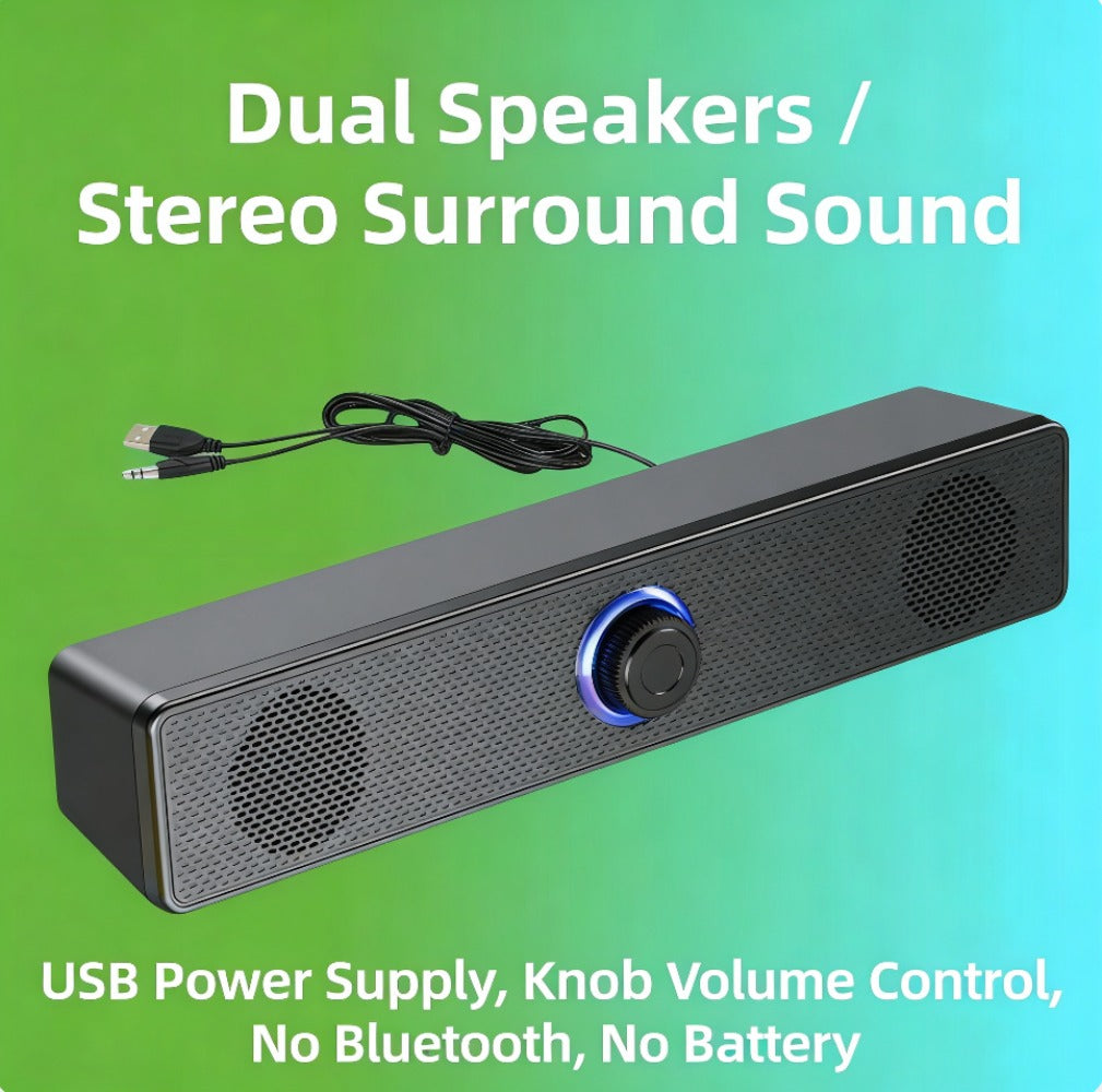 USB Wired Computer Soundbar Speaker for PC Desktop Laptop Monitor, Stereo Surround Sound Bar with Knob Volume Control