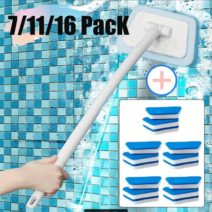 Long Handle Sponge Brush Set with Replaceable Heads for Kitchen Bathroom Tile Bathtub Cleaning – 1 Handle + 6/10/15 Brush Heads, Thickened Durable Scrubber