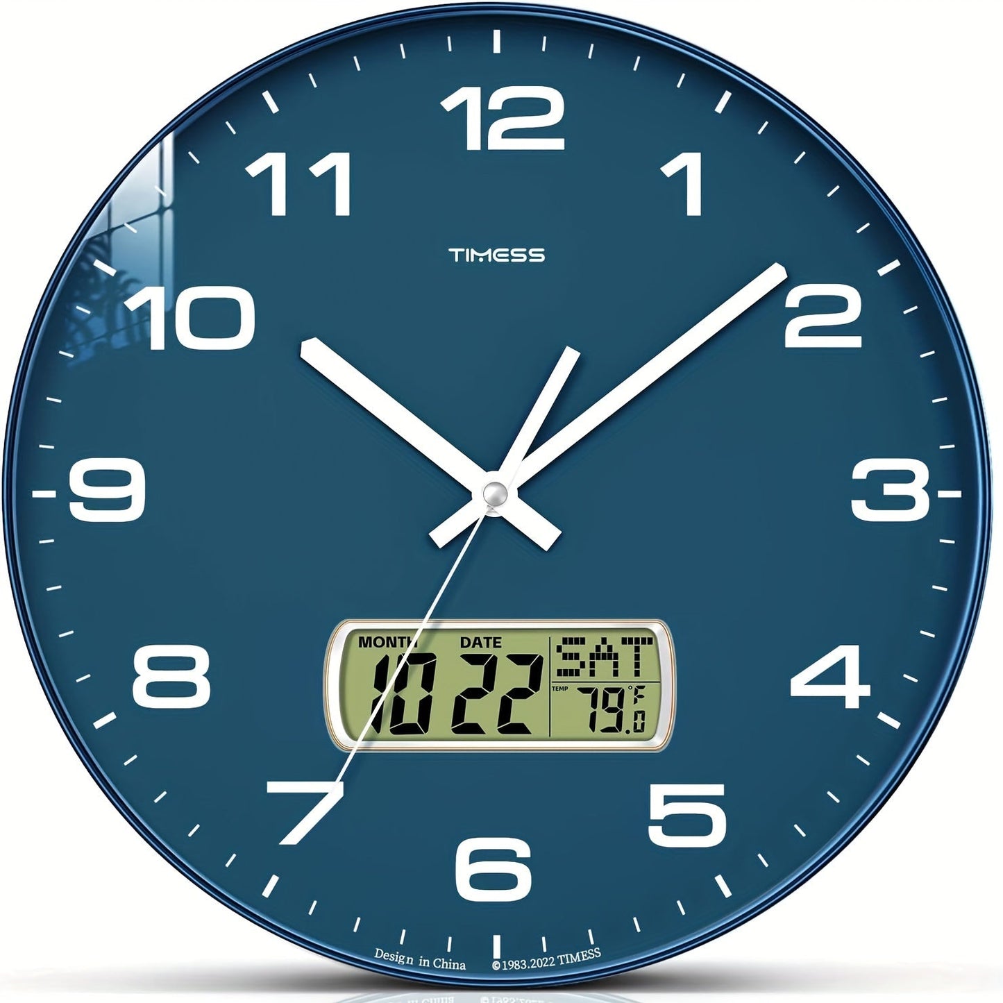 Round Analog Wall Clock with LCD Calendar and Temperature Window, Four Colors and 10- or 12-Inch Sizes