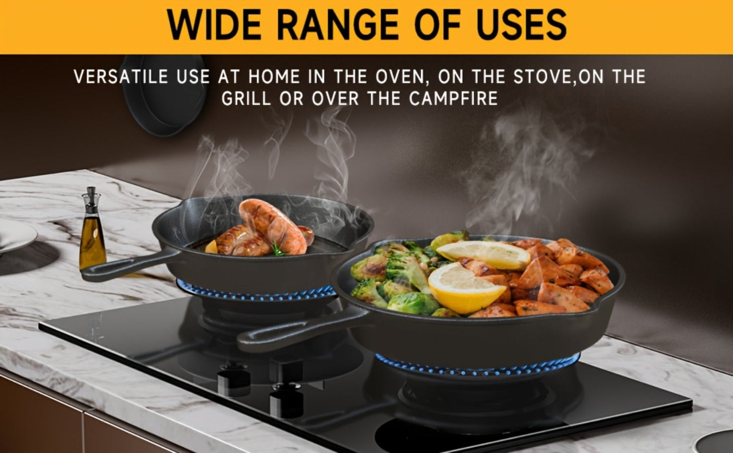 3-Piece Cast Iron Skillet Set with Long Handles, Pouring Lips and 6-, 8- and 10-Inch Graduated Pans