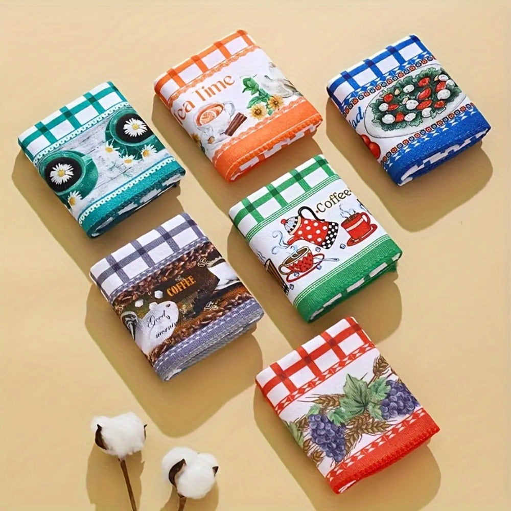 Six-Piece Printed Kitchen Towel Set, Approximately 60 x 40cm Each in Combination A or B Designs