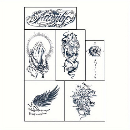 Semi-Permanent Tattoo Stickers 6 Large Sheets Lasts 7-15 Days | Herbal Plant-Based Formula Waterproof Friction-Resistant | Realistic Compass Wings Anchor Body Art | Pain-Free Fake Tattoo for Men Women