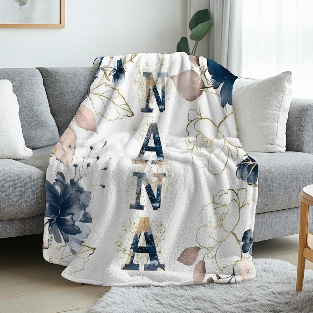 NANA Floral Letter Print Flannel Blanket in White with 30 x 40, 40 x 50 or 50 x 60-Inch Size Options