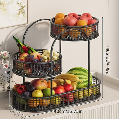 Three-Tier Metal Fruit Basket Stand in White or Black with 15.75-Inch Rectangular Base Tray