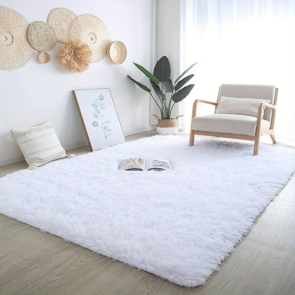 Area Rug White Fluffy High-Pile Shag in Three Washable Sizes for Living Room, Bedroom or Dorm