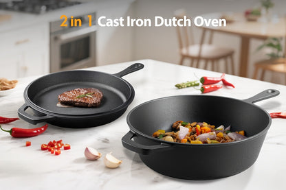 Cast Iron Dutch Oven & Frying Pan Set – Pre-Seasoned 2-in-1 Cookware, Deep Pan + Skillet for Stovetop, Induction, Oven, BBQ & Outdoor Cooking, Multi-Purpose Pots and Pans Set