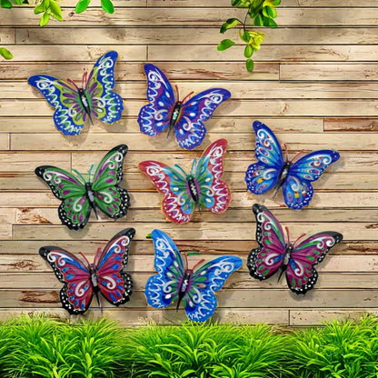 Colorful Metal Butterfly Wall Decor, Eight-Piece Set with 3D Folded Wings in Eight Distinct Designs