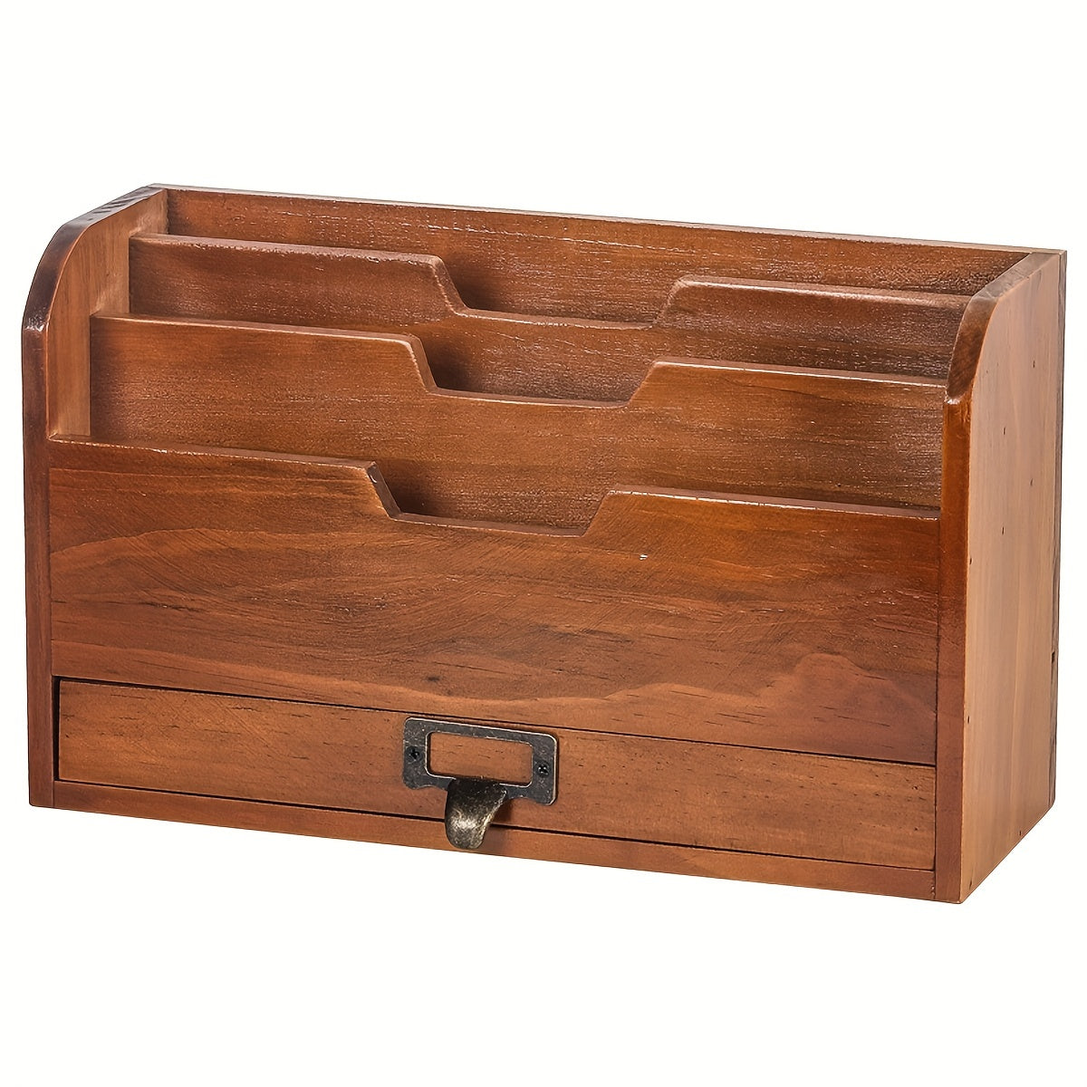 Wooden Desktop File and Letter Organizer with Tiered Compartments, Lower Drawer and 29.5 cm Wide Body