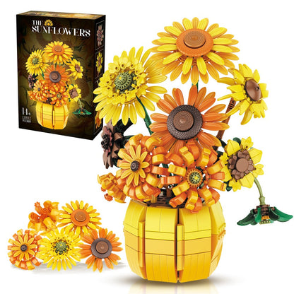 Sunflower Bouquet Building Blocks Set with 1009-Piece Checkout Label, Adjustable Petals and Yellow Vase Display