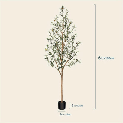 Slender Potted Olive Artificial Tree with Complete 4, 5, 6 and 7 ft Height Options and Faux Fruit Detail