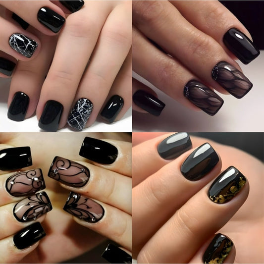 Black Press On Nails Short Square 96 Pieces – Ice Crack Crackle Design Glossy Full Cover Fake Nails for Women Girls | Edgy Alternative Nail Art Kit | Summer Party Concert Festival Set