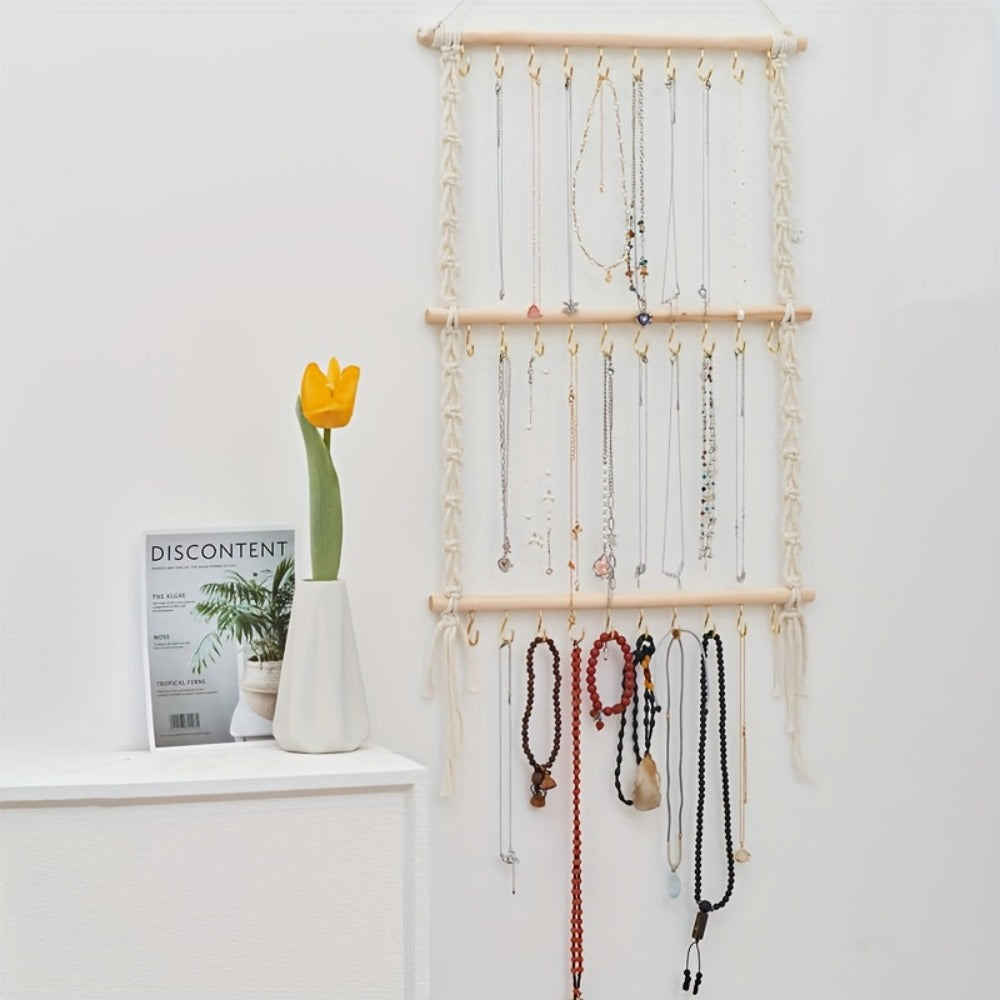 Jewelry Organizer Hand-Woven Wall Hanging Rack with Tassel Detail and 30 Hooks in 1- or 2-Piece Options