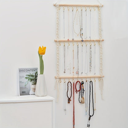 Jewelry Organizer Hand-Woven Wall Hanging Rack with Tassel Detail and 30 Hooks in 1- or 2-Piece Options
