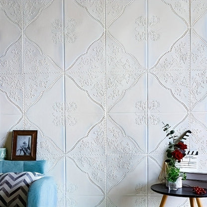 Fifty-Piece Embossed Floral-Curve Wall Tile Sticker Set with 35 cm Square Panels in Four Colors