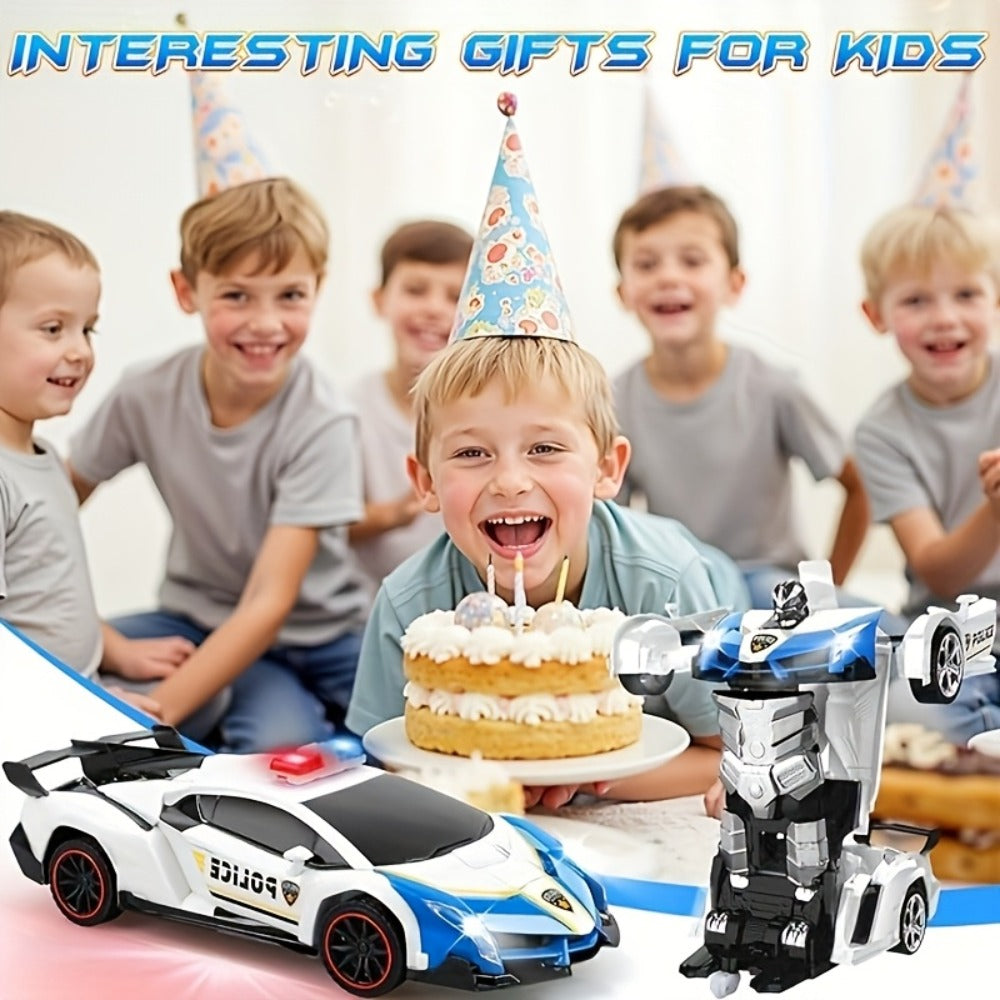 Remote Control Car, 1:18 Transforming Robot Model with Police or Spider Theme, One-Button Change, LEDs and 360° Drift