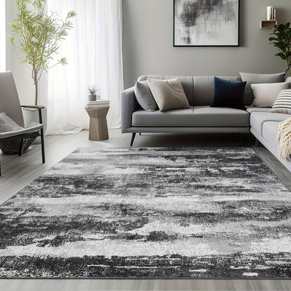 Area Rug, Dark Abstract Polyester Floor Carpet in Runner and Room Sizes with Rubber-Latex Backing and Machine-Wash Care