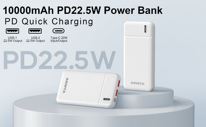 Power Bank 10000mAh Slim with 22.5W PD, 20W USB-C Input/Output and Dual USB-A Ports in Black or White