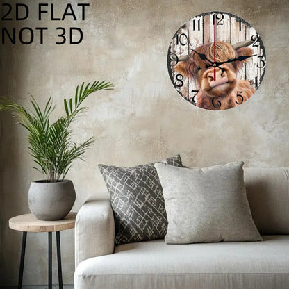 Wooden Wall Clock 10 Inch – Silent Non-Ticking Round Wood Clock with Cute Cow Face Design, Farmhouse Rustic Decor for Living Room, Bedroom, Kitchen & Office, Unique Animal Art Wall Decor Gift