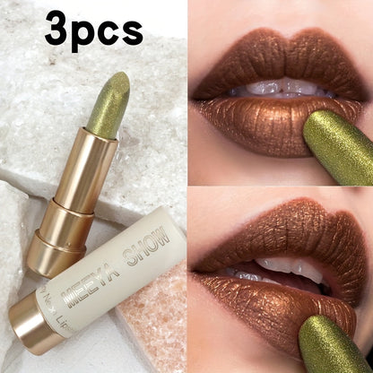Sparkling Golden Brown Glitter Lipstick Set 3 Pcs – Metallic Shimmer Finish Multi-Dimensional Lip Color for Party Cosplay Festival Halloween, Bold Statement Makeup Gift for Women