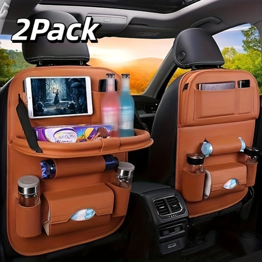 Car Rear Seat Organizer with Foldable Table, Footrest, Cup Holder, Tissue Box & Laptop Base – 2-Piece Premium Back Seat Storage Box Travel Companion