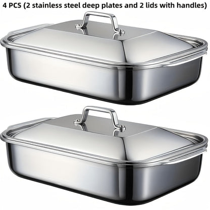 Stainless Steel Deep Baking Tray with Lid 4-Piece Set, 1.59 Gallon Rectangular Roasting Pan with Handle Lids, 16-Inch Dishwasher Safe Deep Tray for Fish BBQ Spaghetti, 2 Trays + 2 Lids