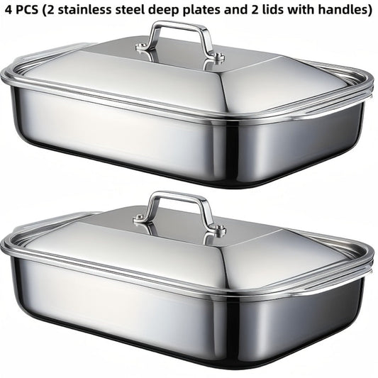 Stainless Steel Deep Baking Tray with Lid 4-Piece Set, 1.59 Gallon Rectangular Roasting Pan with Handle Lids, 16-Inch Dishwasher Safe Deep Tray for Fish BBQ Spaghetti, 2 Trays + 2 Lids