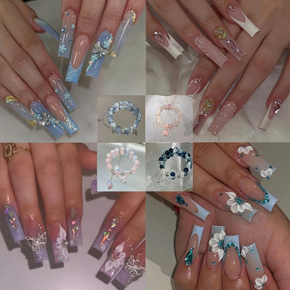 Long Ballerina Press On Nails 96 Pieces 4 Packs + 4 Bracelets Gift Set – Blue Gradient 3D Flower Butterfly Rhinestone Glossy Full Cover False Nails & Beaded Bangles for Women Girls | Prom Wedding Party