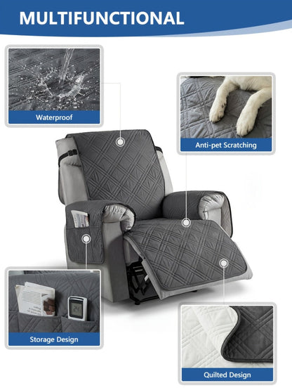 Quilted One-Piece Recliner Chair Cover with Side Pocket, Back Strap and Six Solid Color Options