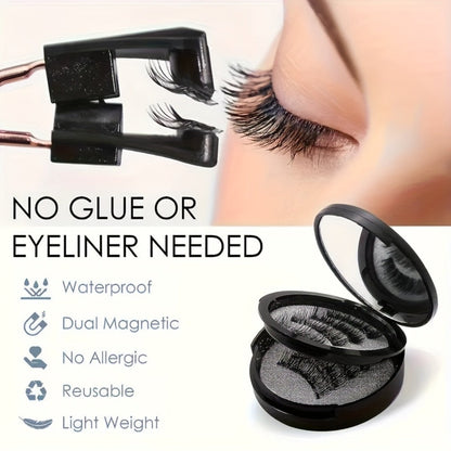 Magnetic False Eyelashes Kit with Eight Pairs, Round Storage Case and Metal Applicator Clip
