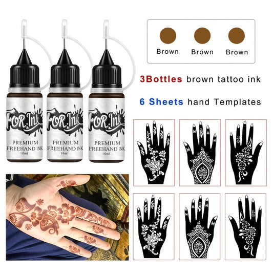 Fake Freckles Jagua Gel Kit Semi-Permanent Temporary Tattoo Ink — 3 Brown & Red Ink Bottles, 6 Stencils & Gloves for Freehand Body Art, Weddings, Festivals & Halloween
