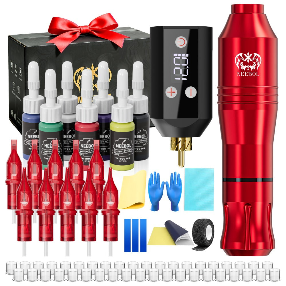 Tattoo Machine Kit Neebol Wireless Pen with Screen Display, 10 Cartridges, 7 Inks and Four Color or Pro Options
