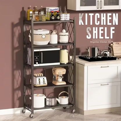 Three-to-Five-Tier Folding Storage Rack with Metal Shelves, Caster Wheels and Black or White Finish