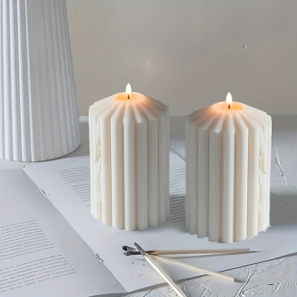 Ribbed Soy Wax Pillar Candles 2-Pack White - 20 Hour Burn Cylindrical Candles for Home Decor, Wedding, Christmas, Valentine's Day & Birthday