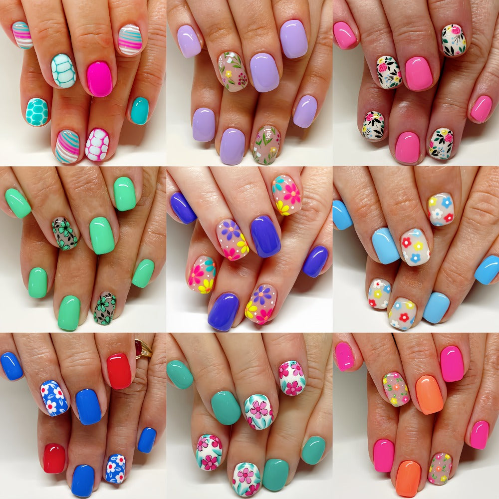 Floral Nail Stickers 216 Pieces 9 Packs Short Press On Nails – Plant Flower Designs Glossy Full Cover False Nails Spring Summer Easy Removable Manicure Set for Women Girls