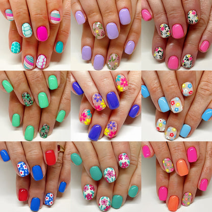 Floral Nail Stickers 216 Pieces 9 Packs Short Press On Nails – Plant Flower Designs Glossy Full Cover False Nails Spring Summer Easy Removable Manicure Set for Women Girls