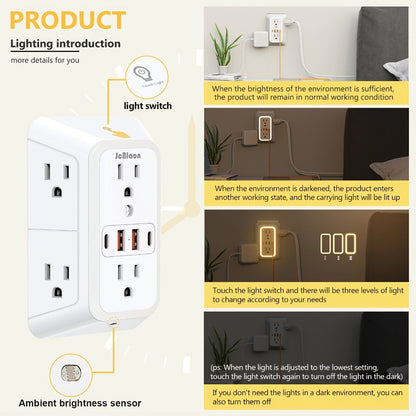 3-Sided Wall Outlet Extender 10-in-1 with 6 AC Outlets & 4 USB Ports (2 USB-A & 2 USB-C), 1050J Surge Protector Multi-Plug Adapter for Home, Travel, Office & College