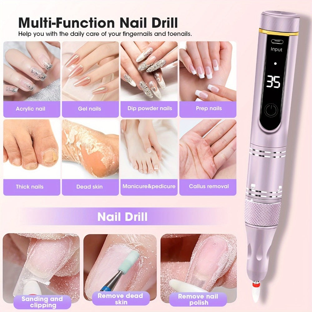 Cordless Nail Drill Kit 35000RPM Rechargeable Wireless Electric E-File — 108 Bits Professional Nail Drill Machine for Acrylic Gel Natural Nails, USB Nail File Set for Salon & Home Manicure Pedicure, Rose Gold Black Green