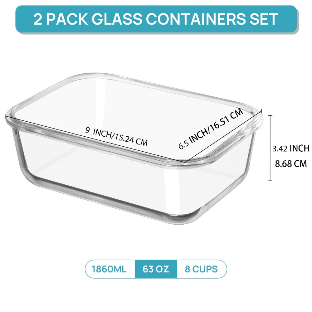 Large Glass Food Storage Containers with Lids 2 Pack – 63oz Borosilicate Glass Meal Prep Containers, Airtight Snap Lids, Oven Microwave Freezer Dishwasher Safe, Leak-Proof Baking Dish Set