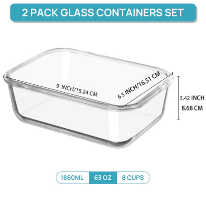 Large Glass Food Storage Containers with Lids 2 Pack – 63oz Borosilicate Glass Meal Prep Containers, Airtight Snap Lids, Oven Microwave Freezer Dishwasher Safe, Leak-Proof Baking Dish Set