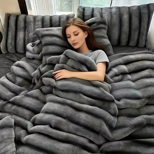 Double-Layer Faux Rabbit Fleece Blanket – 450-500gsm Thickened Soft Warm Throw for Bed, Couch & Travel, All Season, 3 Colors, 5 Sizes