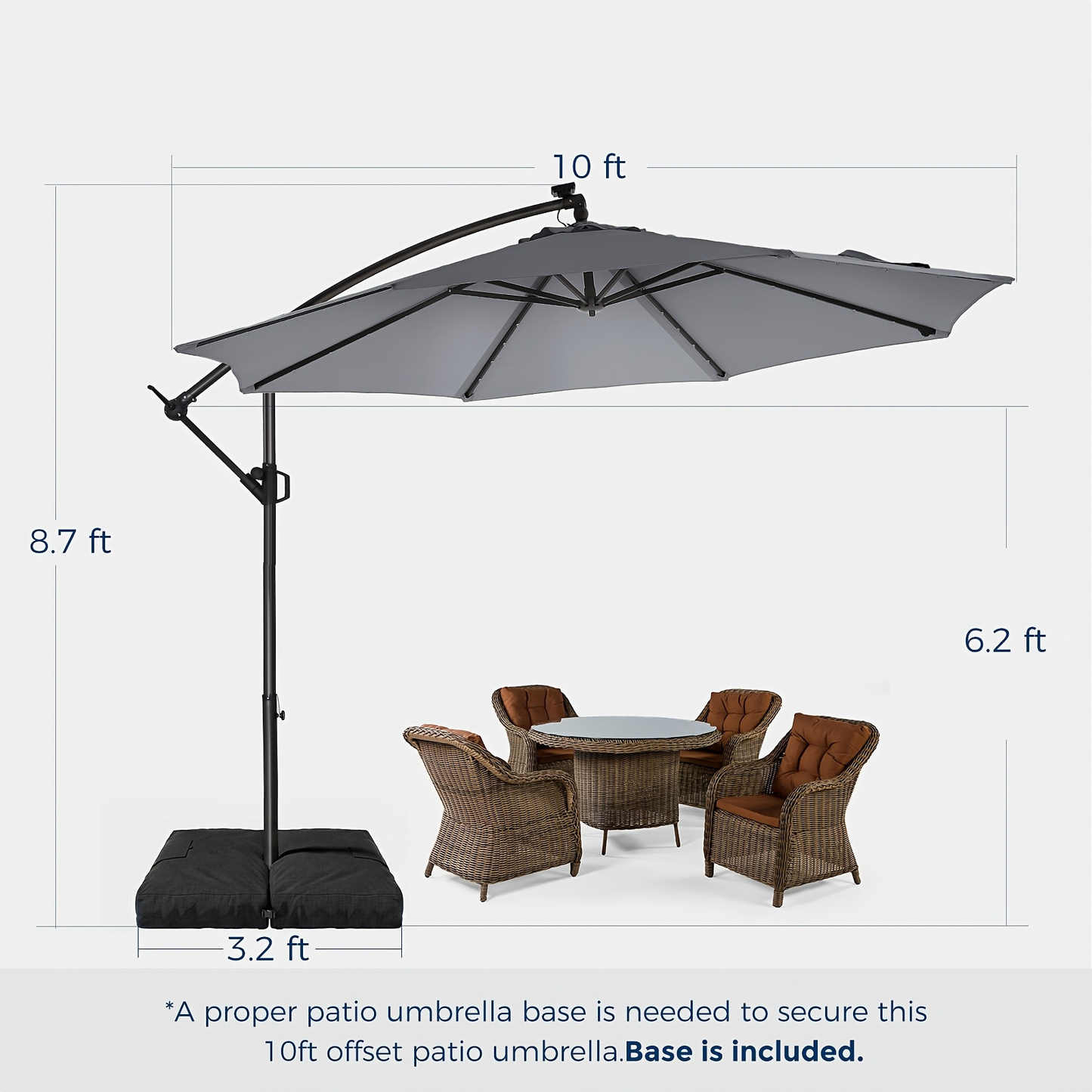 Solar Patio Umbrella 10FT Offset Cantilever LED Lights UPF50+ UV