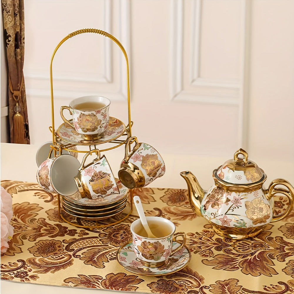 Twenty-Piece Floral Ceramic Tea Set with 15-Ounce Teapot, Six Cups, Saucers, Spoons and Metal Rack