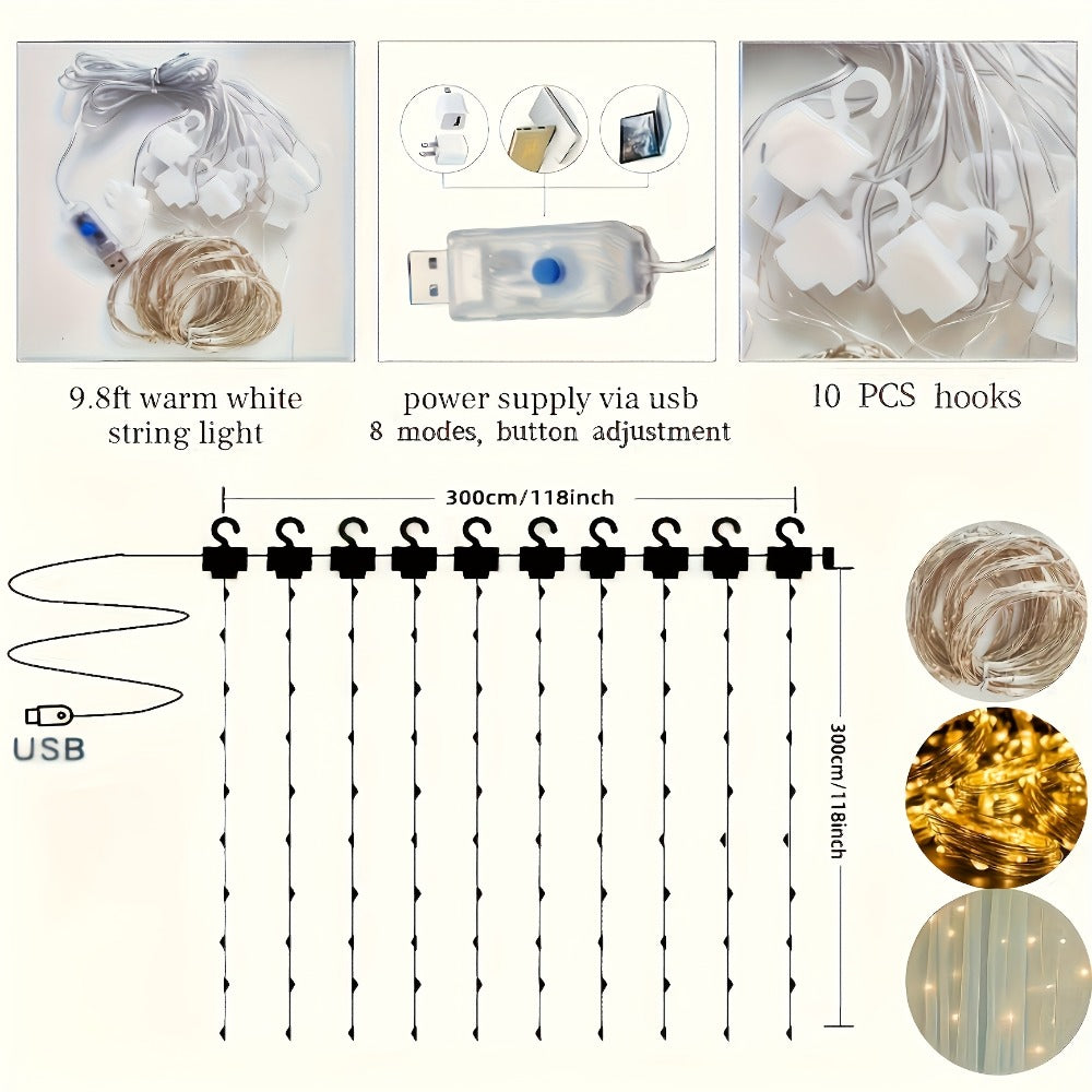 Champagne Tulle Photography Backdrop Set with Two Curtain Panels, USB String Lights and Ten Hooks