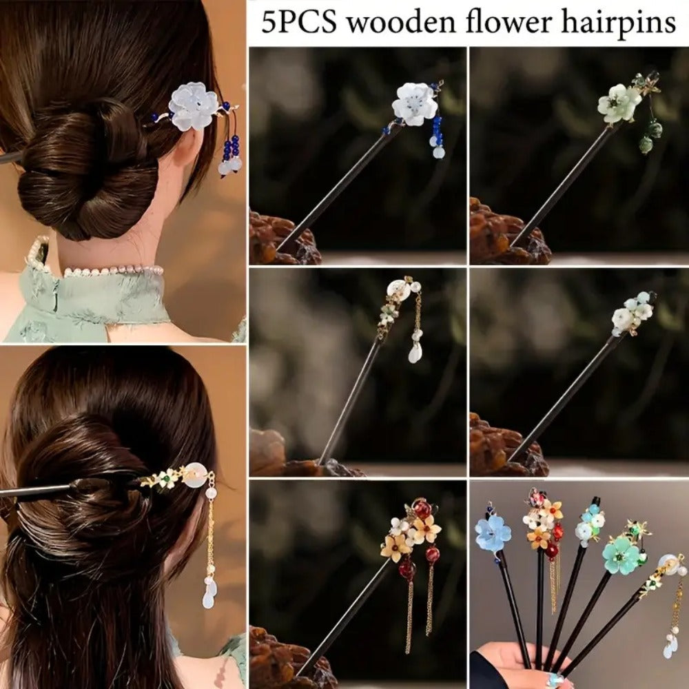 Hair Accessories Five-Piece Wooden Flower Hairpin Set in Mixed Finishes for Buns and Updos