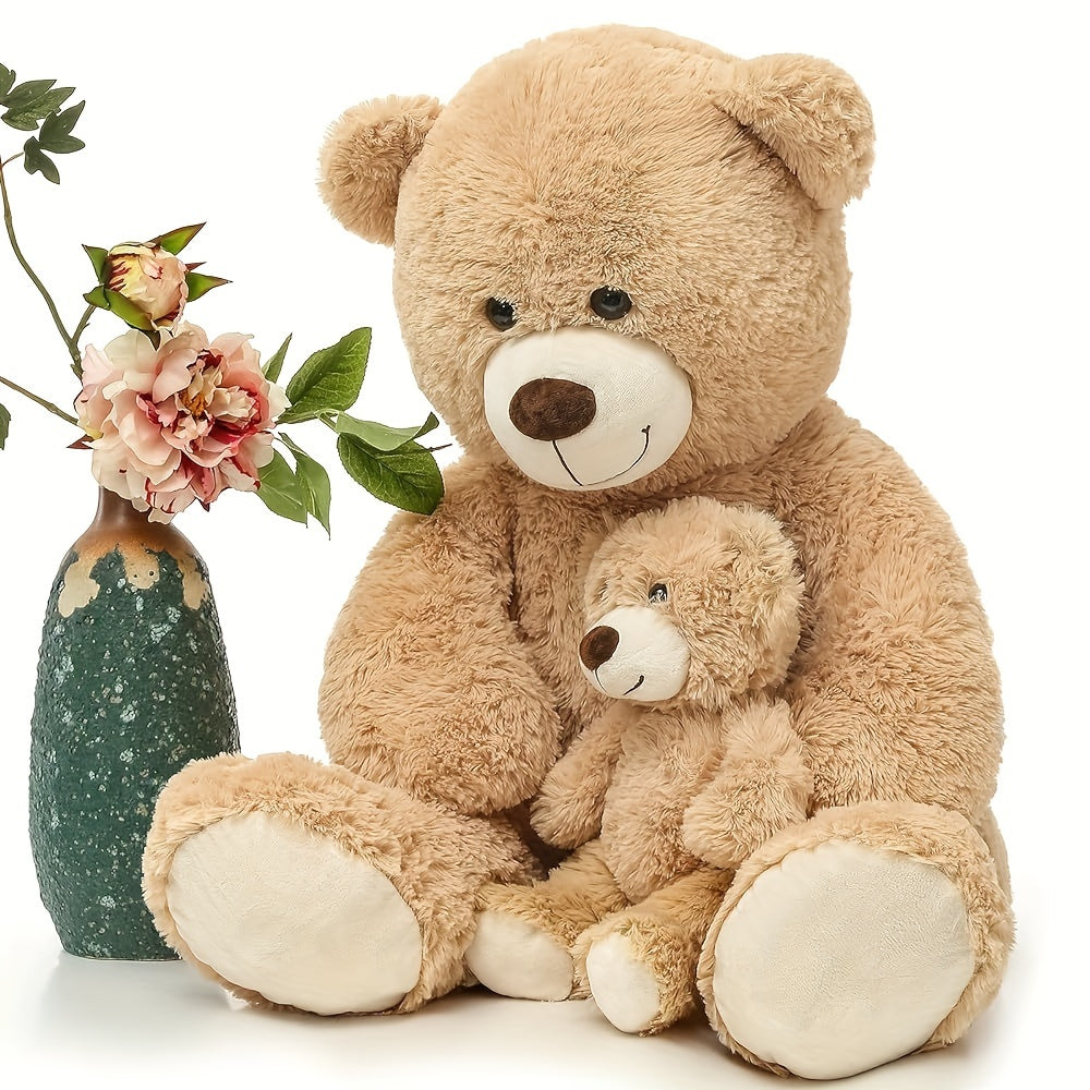 Stuffed Animal Mommy and Baby Teddy Bear Two-Piece Set in Light Brown with Large Cuddly Design