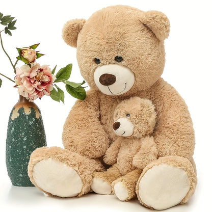 Stuffed Animal Mommy and Baby Teddy Bear Two-Piece Set in Light Brown with Large Cuddly Design