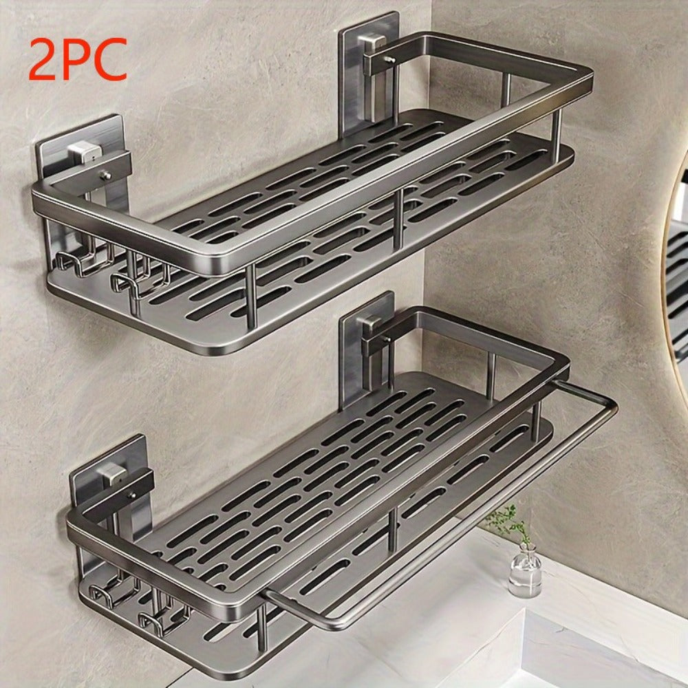 Two-Piece Metal Shower Caddy Shelf Set with Adhesive Wall Mounts in Dark Gray or Bright Black